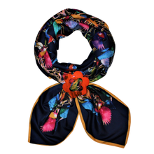 Load image into Gallery viewer, Hummingbirds Navy Twill Scarf with Buffalo Horn Scarf Locket
