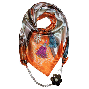 Tassel Flair in Orange Jewelry Scarf with Pearls & Camellia Flower