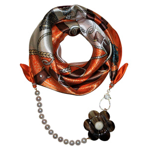 Tassel Flair in Orange Jewelry Scarf with Pearls & Camellia Flower
