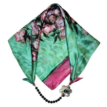 Load image into Gallery viewer, Pink Roses Jewelry Neckerchief with Baroque Pearls &amp; Buffalo Horn Camellia Flower
