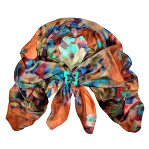 Multi Bloom Silk Scarf with Buffalo Horn Turquoise ButterflyScarf Locket