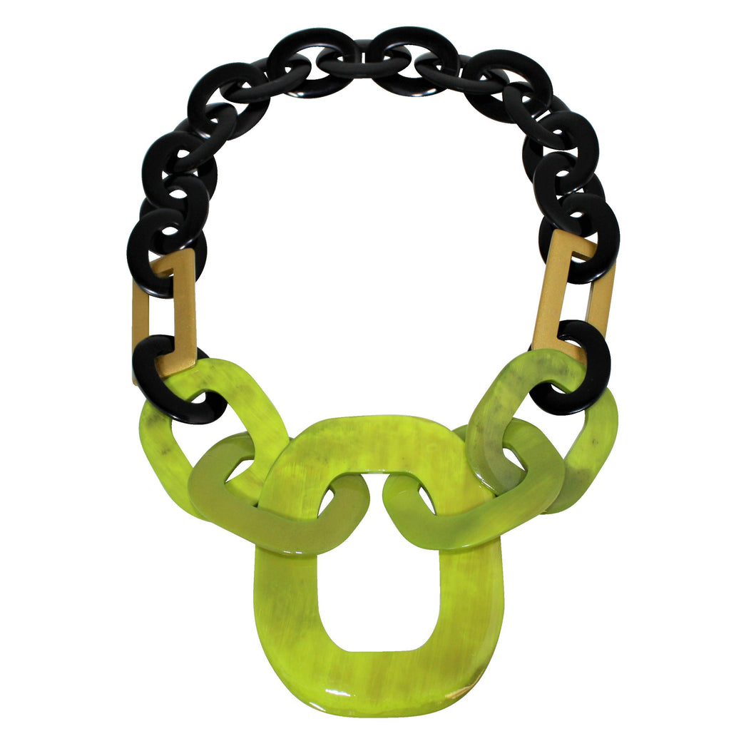 Lush Buffalo Horn Pendant Necklace in Lime Green, Gold & Black Lacquer