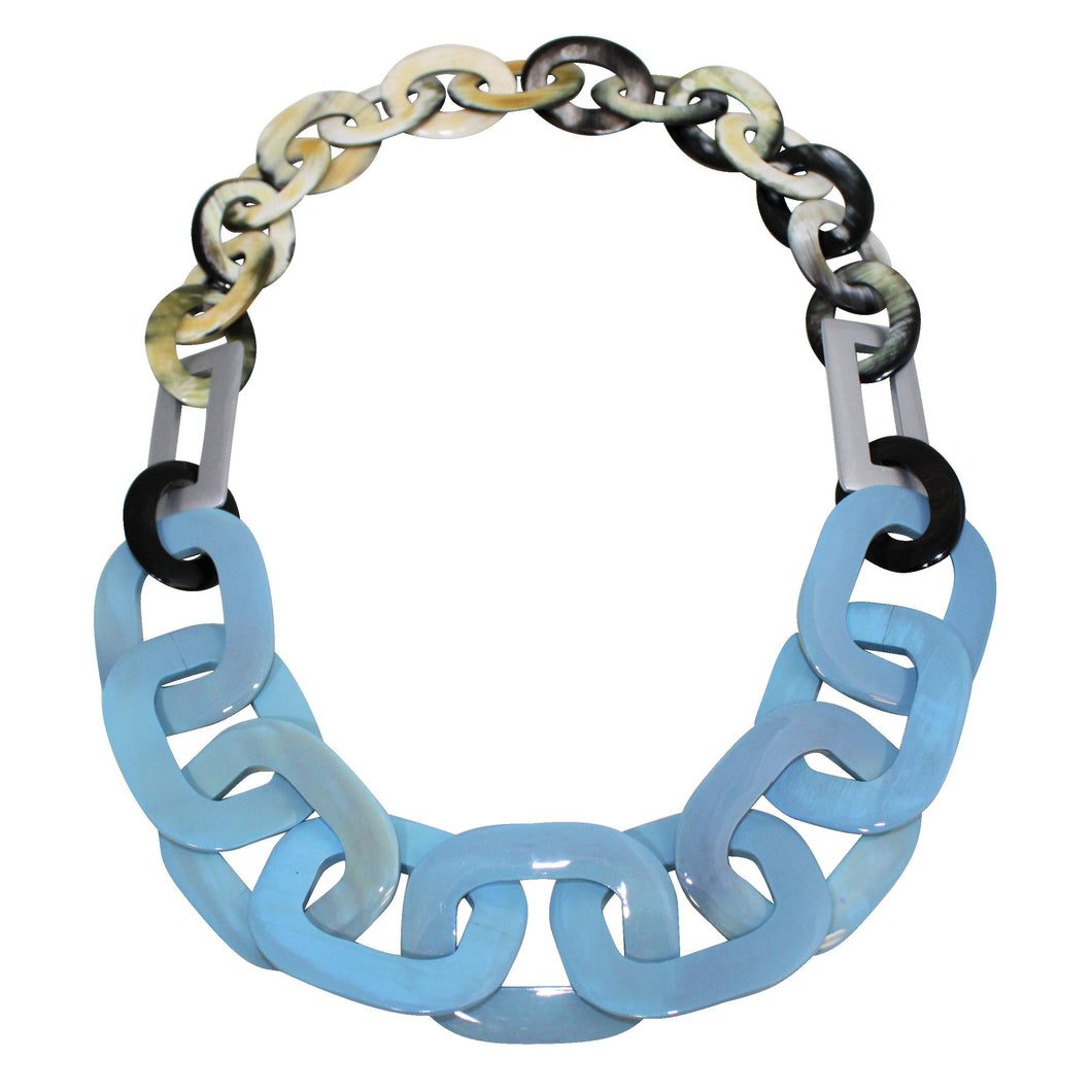 Black & White Buffalo Horn Necklace in Sky Blue & Silver Lacquer Fusion