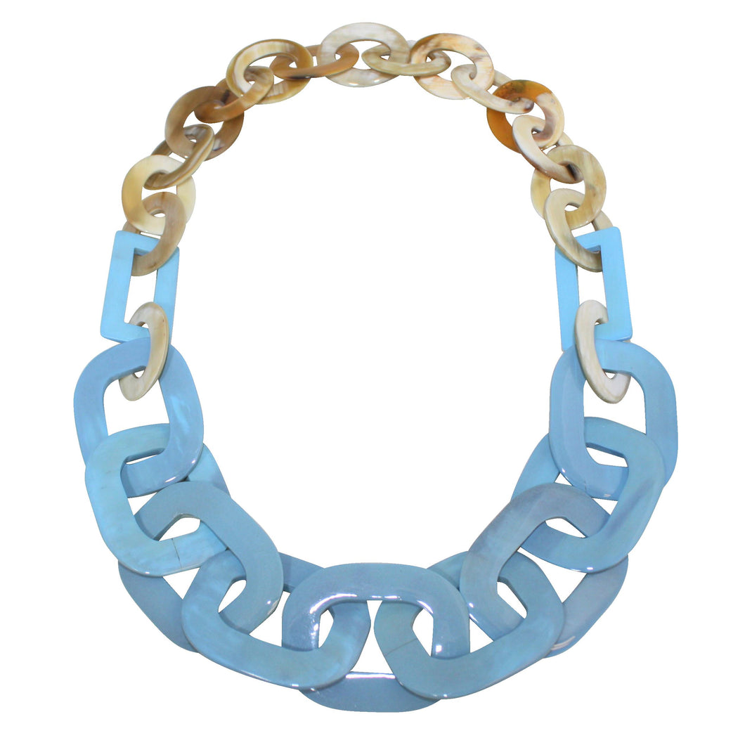 Brown & White Buffalo Horn Necklace in Sky Blue Lacquer Fusion