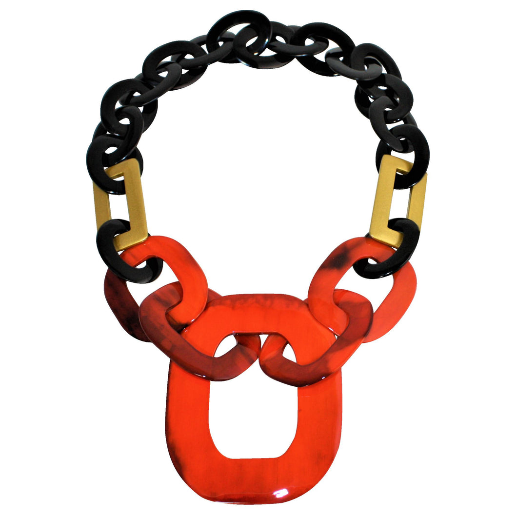Lush Buffalo Horn Pendant Necklace in Orange, Gold & Black Lacquer