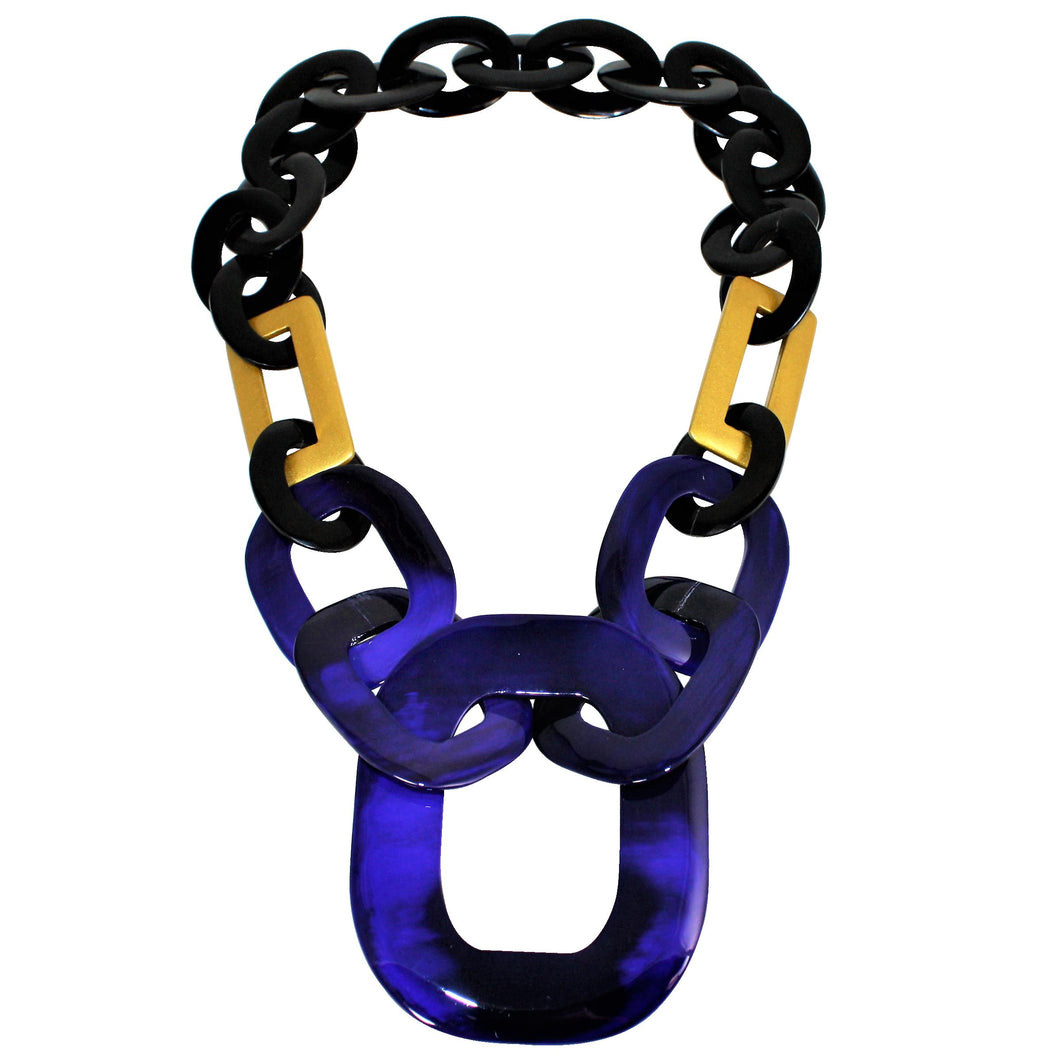 Lush Buffalo Horn Pendant Necklace in Royal Blue, Gold & Black Lacquer