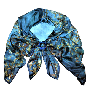 Van Gogh Almond Blossom Silk Scarf with Buffalo Horn Scarf Locket