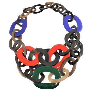 Brown Buffalo Horn Necklace in Red, Blue & Green Lacquer Fusion