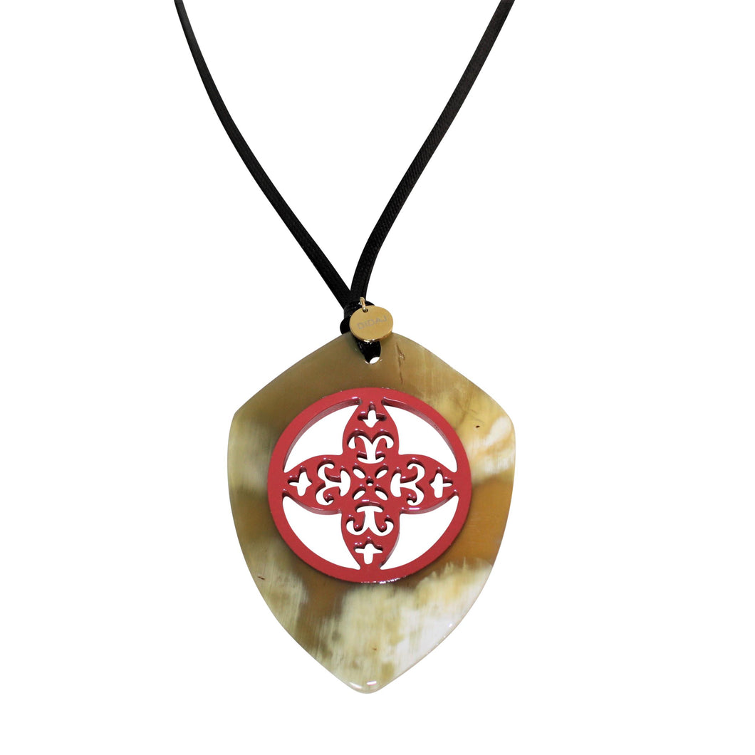 Brown & White Buffalo Horn Pendant with Coral Lacquer Fusion