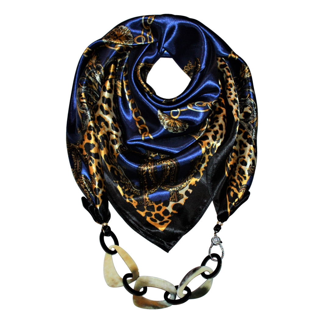 Animal Print Jewelry Scarf with Chain Necklace in Sapphire