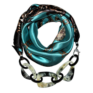 Animal Print Jewelry Scarf with Chain Necklace in Turquoise