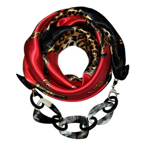 Animal Print Jewelry Scarf with Chain Necklace in Red