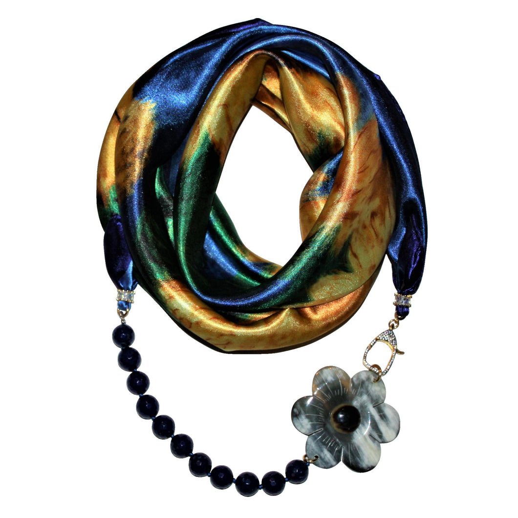 Flower Opulence Jewelry Scarf with Lapis Lazuli Gemstones & Camellia Flower