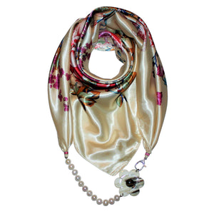 Le Jardin Jewelry Scarf with Pearls & Camellia Flower