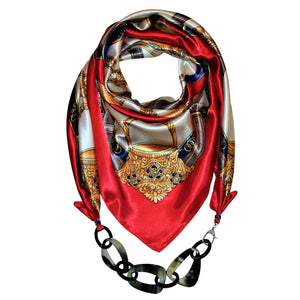 Tassels Flair Jewelry Scarf with Chain Necklace in Red & Blue