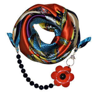 Carousel Jewelry Scarf with Lapis Lazuli Gemstones & Orange Camellia Flower