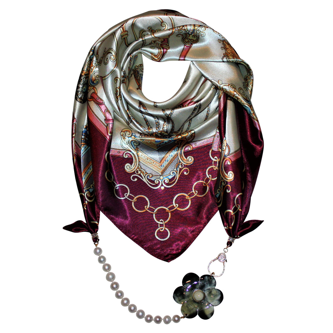 Claret Jewelry Scarf with Pearls & Camellia Flower