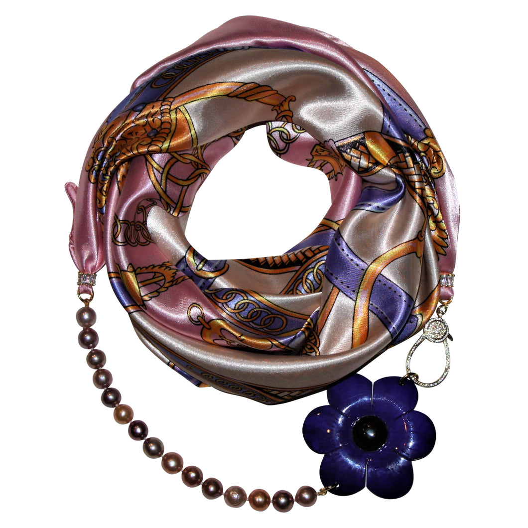 Purple Elixir Jewelry Scarf with Baroque Pearls & Camellia Flower