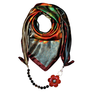 Flower Opulence Jewelry Scarf with Smoky Quartz Gemstones & Red Camellia Flower