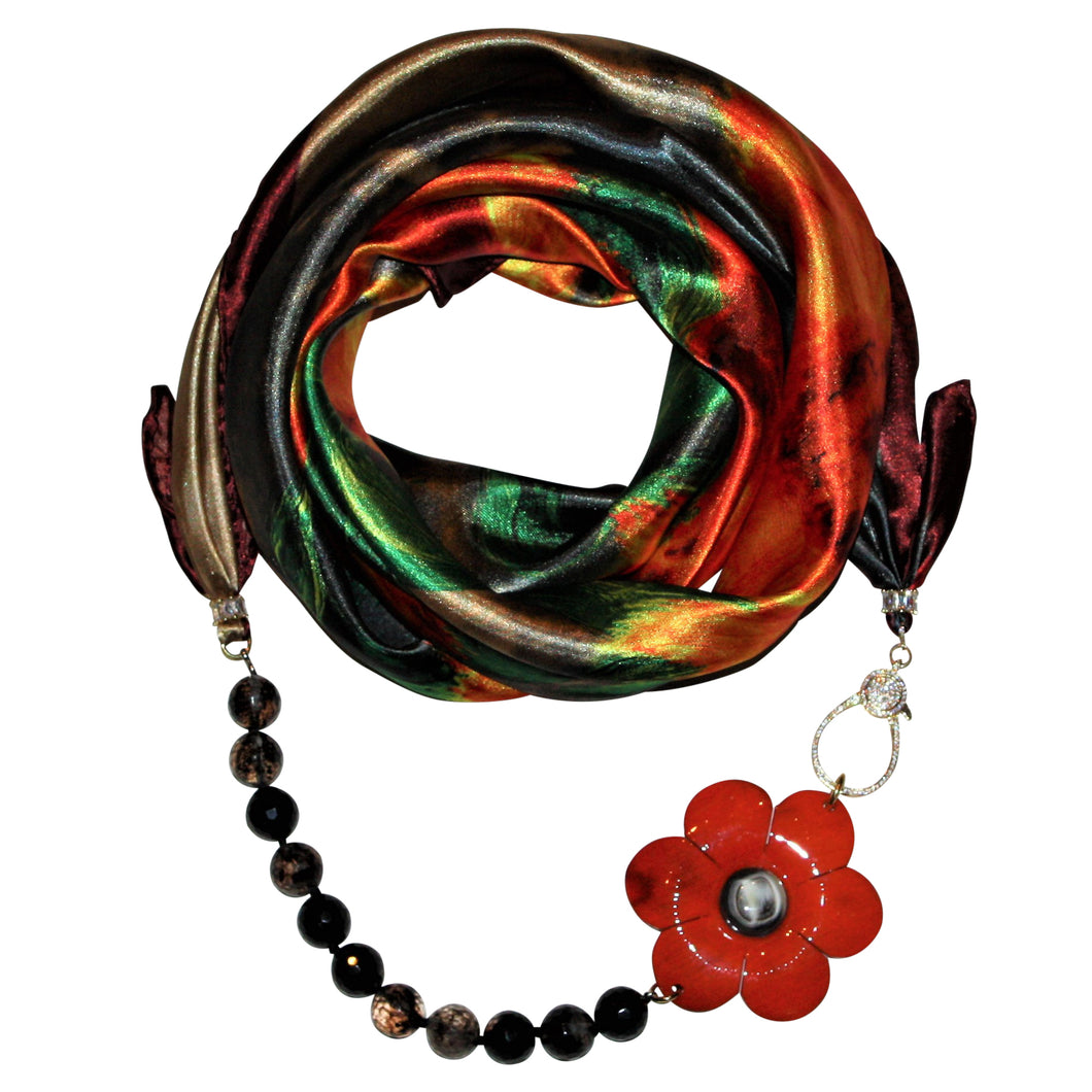 Flower Opulence Jewelry Scarf with Smoky Quartz Gemstones & Red Camellia Flower