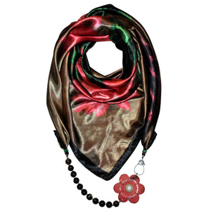 Flower Opulence Jewelry Scarf with Tiger Eye Gemstones & Pink Camellia Flower
