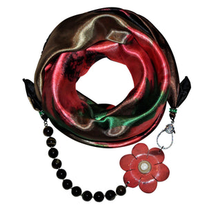 Flower Opulence Jewelry Scarf with Tiger Eye Gemstones & Pink Camellia Flower