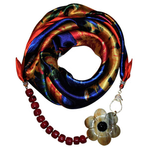 Flower Opulence Jewelry Scarf with Red Coral Gemstones & Camellia Flower
