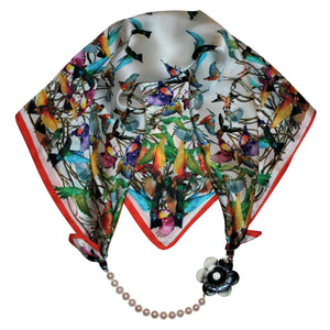 Hummingbirds Jewelry Neckerchief with Baroque Pearls & Natural Buffalo Horn Camellia Flower