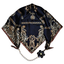 Load image into Gallery viewer, Navy Leopard Silk Jewelry Neckerchief with Baroque Pearls &amp; Natural Buffalo Horn Camellia Flower
