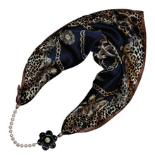 Load image into Gallery viewer, Navy Leopard Silk Jewelry Neckerchief with Baroque Pearls &amp; Natural Buffalo Horn Camellia Flower
