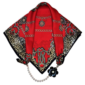 Red Leopard Silk Jewelry Neckerchief with Baroque Pearls & Buffalo Horn Camellia Flower