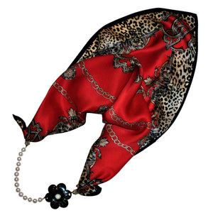 Red Leopard Silk Jewelry Neckerchief with Baroque Pearls & Buffalo Horn Camellia Flower