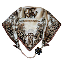Load image into Gallery viewer, Beige Leopard Silk Jewelry Neckerchief with Baroque Pearls &amp; Natural Buffalo Horn Camellia Flower

