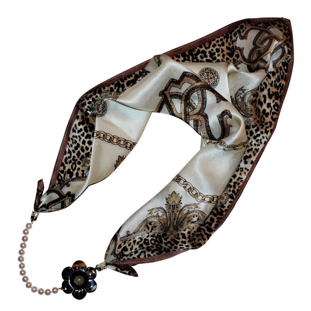 Beige Leopard Silk Jewelry Neckerchief with Baroque Pearls & Natural Buffalo Horn Camellia Flower