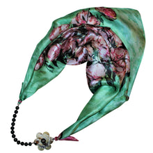 Load image into Gallery viewer, Pink Roses Jewelry Neckerchief with Baroque Pearls &amp; Buffalo Horn Camellia Flower
